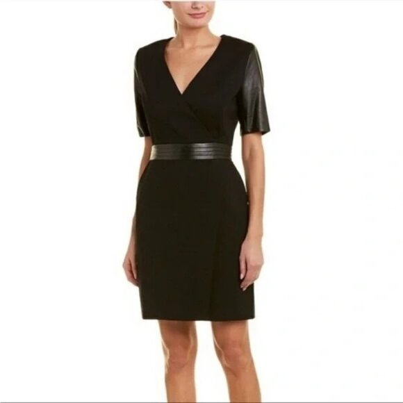 The Kooples Size 6 Hopla Leather Sleeves Faux Wrap Crossover Sheath Dress LBD - Picture 1 of 15